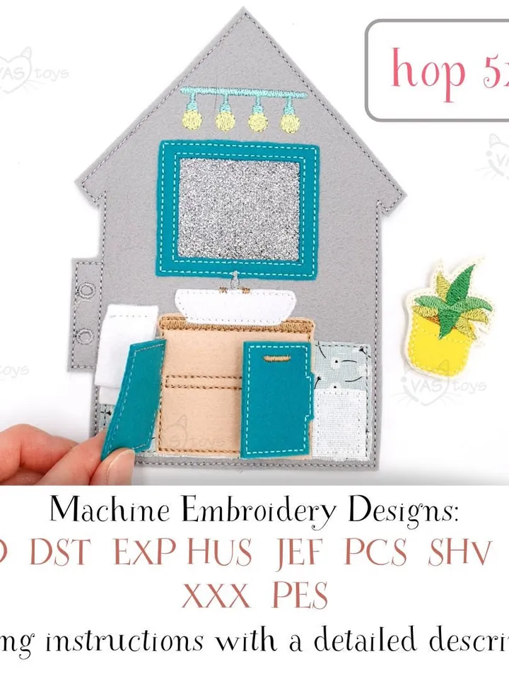 ITH Dollhouse Sink Page Embroidery Design, Felt Quiet Book Handwash Vanity Pattern, 5x7 Hoop Digital File