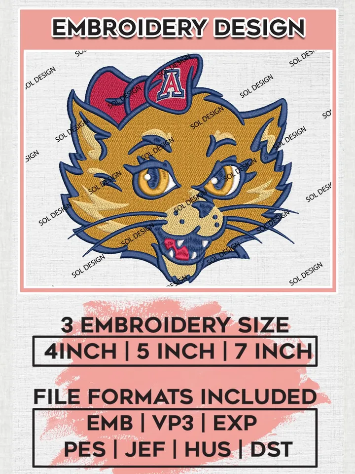 Arizona Wildcats Team Head Mascot Lady Logo Embroidery Design Files, NCAA Arizona Wildcats Machine Embroidery, NCAA Teams, 3 sizes, NCAA Machine embroidery designs, Digital Download