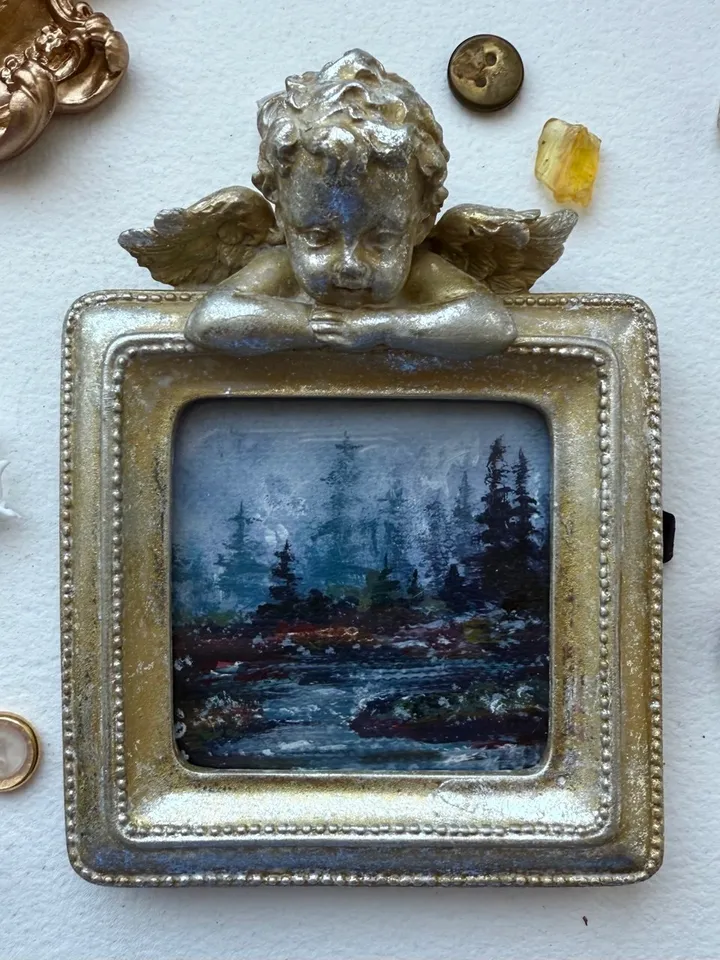 Small Landscape Oil Painting Framed Original Forest Artwork Antique Frame Moody Tiny Paintings 4 x 4 Art