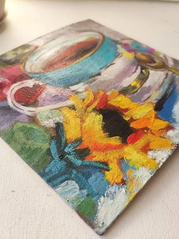 Teacup Oil Painting Sunflower Artwork Tea Painting 20 by 20 cm Floral Wall Art