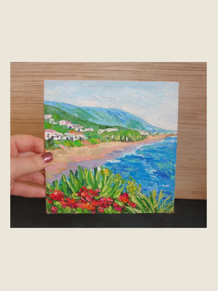 Original Oil Painting Vibrant Red Flowers and Ocean View Palette Knife Art Beach Landscape with Red Blooms Mini Artwork