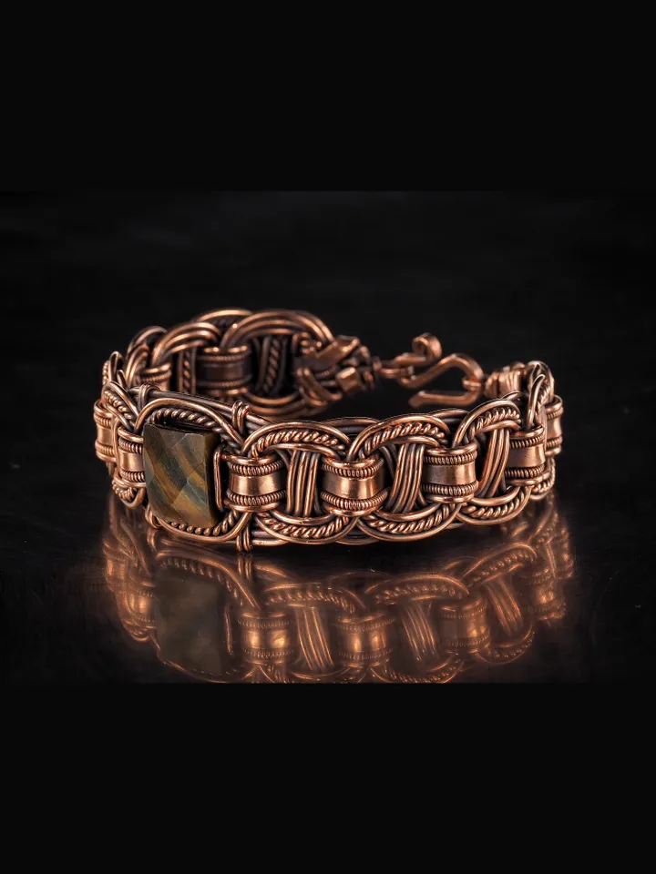 Copper wire bracelet with natural Tiger eye, 7th Wedding Anniversary gift