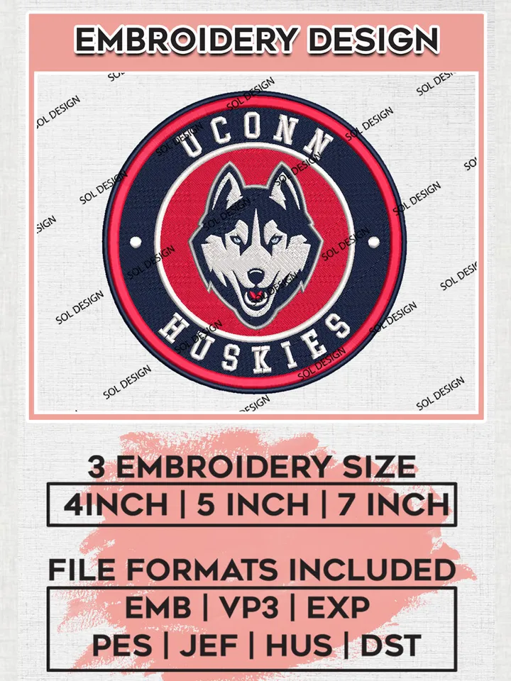 NCAA UConn Huskies Round Logo Embroidery, NCAA UConn Huskies Logo Embroidery files, NCAA Teams, Machine embroidery designs, Digital Download