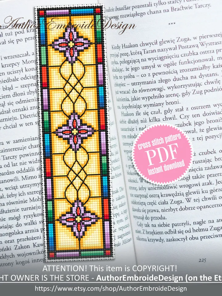 Stained glass bookmark cross stitch pattern PDF download Stained glass flower cross stitch chart, Modern bookmark pattern digital PDF #B298