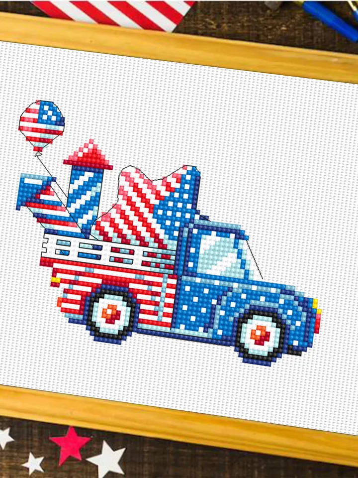 Patriotic retro truck cross stitch pattern PDF download Independence Day cross stitch 4th of july truck American flag Stars and stripes #T34