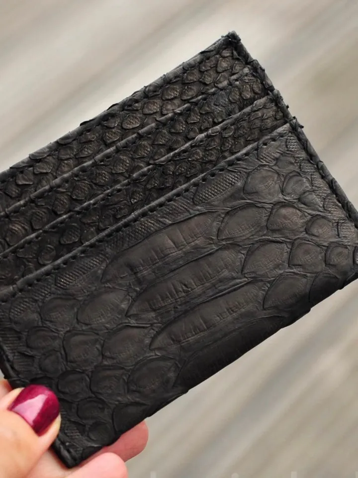 Genuine python skin creditcards holder/business cads holder black color unisex wallet small, gift idea exotic leather python skin