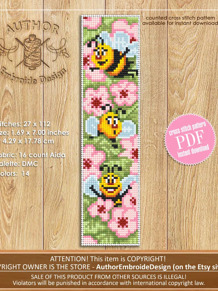 Bookmark kawaii cross stitch pattern PDF Handmade bookmark flowers embroidery beginners Nature xstitch chart Cute bees cross stitch #B34