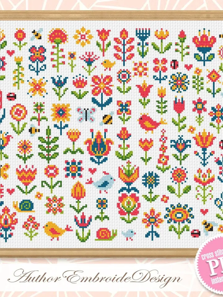 Folk flowers cross stitch pattern PDF download Tiny flower sampler cross stitch, Mini floral pattern digital PDF, Scandinavian folk #P43