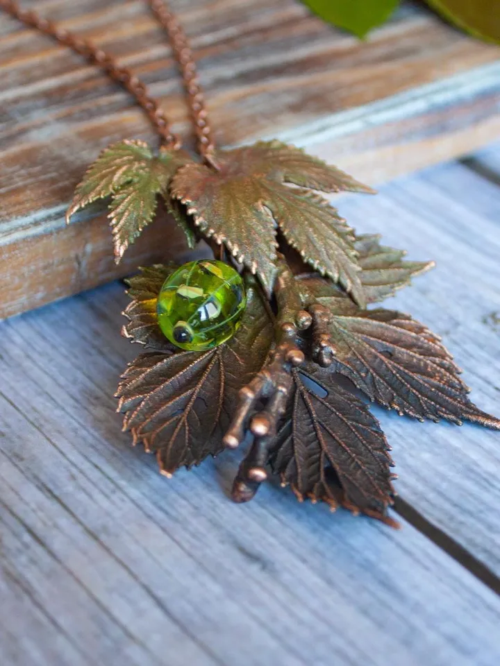 Unique handmade copper pendant made of nature leaves in a single copy, original gift