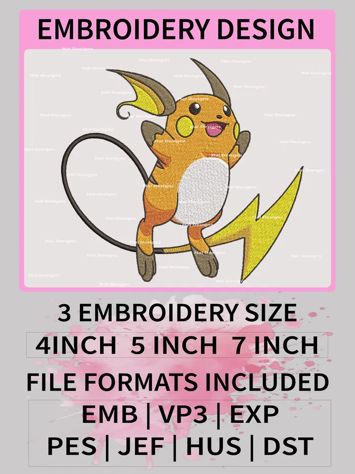 Pokemon Raichu Embroidery Design, Pokemon Dmbroidery, Anime Design, Embroidery file, Digital download