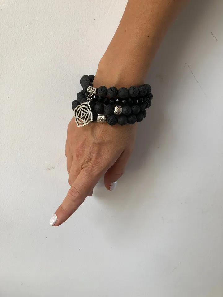 Set of Four Lava and Crystal Black Handmade Bracelet | Woman Bracelet Set | Lava Carka Buddha Ying Yang Spiritual Bali Oil Diffuser Jewerly