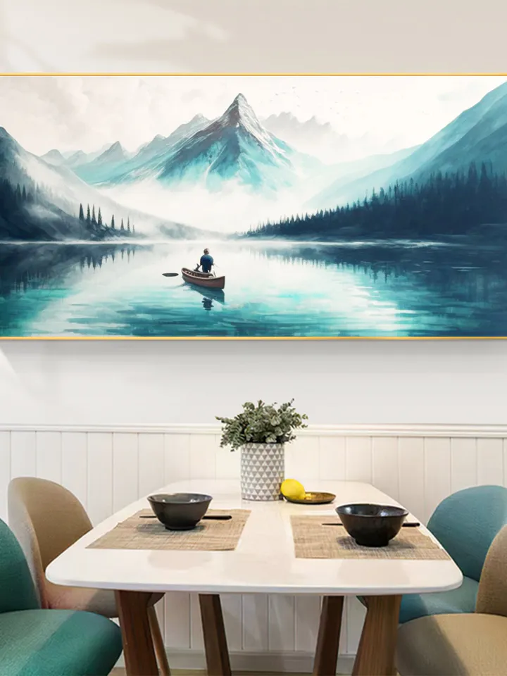 Original Landscape Oil Painting On Canvas, Abstract Snow Mountain Painting, Lake View Art, Boat Painting, Large Wall Art, Living room Decor
