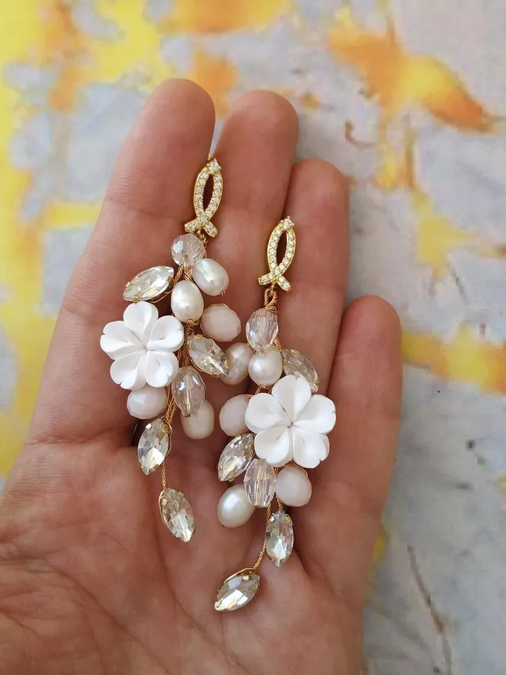 Freshwater Pearl Rose Gold Wedding Earrings, Flower Bridal Earrings, Floral Wedding Earrings, Boho Wedding Earrings, CZ Gold Bridal Earrings