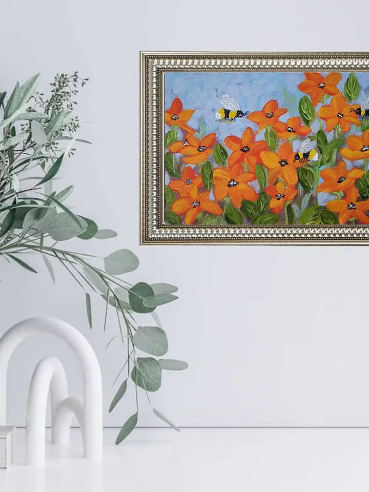 Bee Painting Poppy Original Art Floral Wall Art Flower Oil Painting