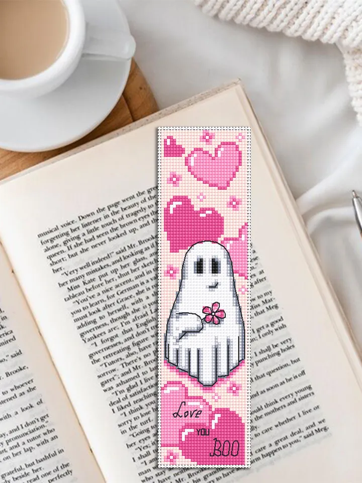 Ghost bookmark cross stitch pattern PDF download Valentine ghost cross stitch chart, Heart bookmark pattern digital PDF, Cute ghost #B370