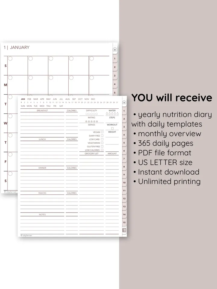 Food diary. Yearly Nutrition Plan. Meal planning. Diet Diary for Weight Loss. Fitness Nutrition log,Food allergy journal