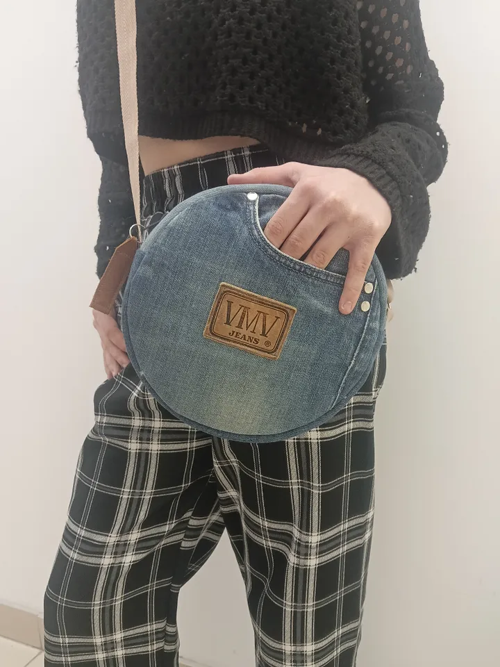 Unusual round denim purse with 4 pockets , small crossbody bag