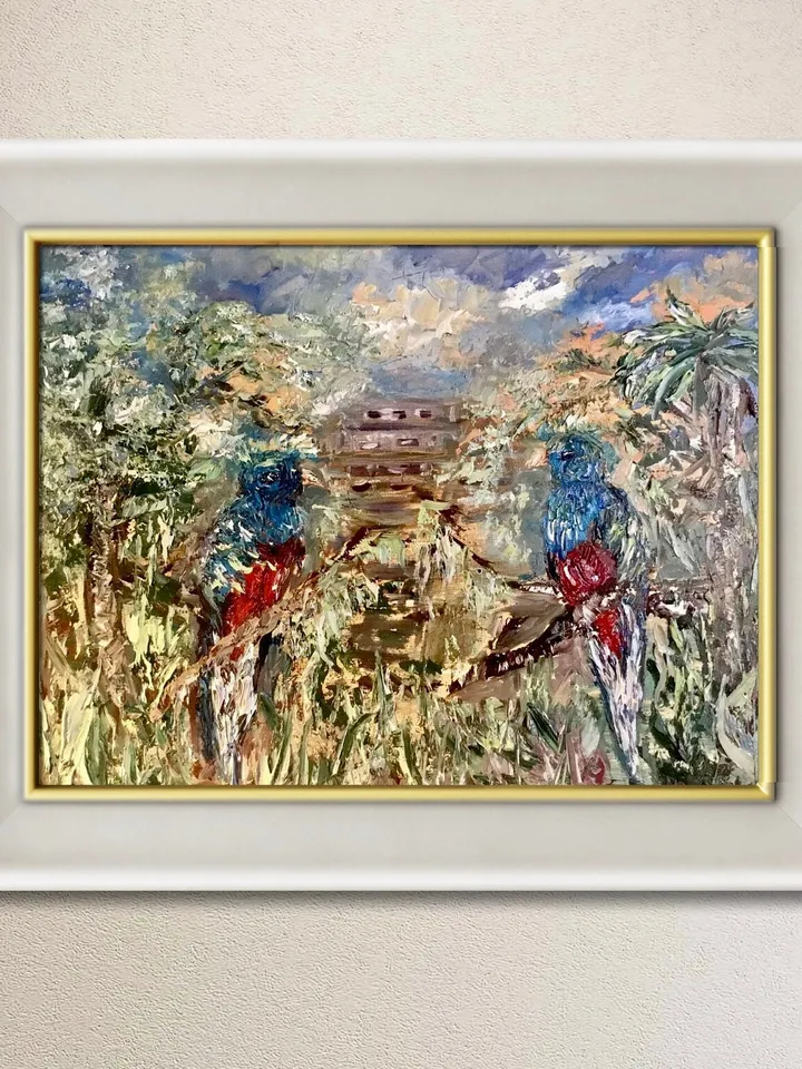 A couple of quetzal birds,mayan pyramid on the background, colourful impasto oil painting on stretched canvas ,wall art,couple love gift