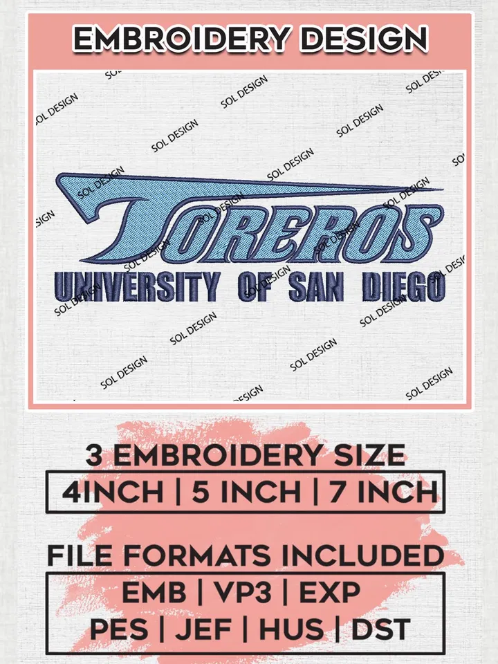 San Diego Toreros Uni.versity Team Logo Embroidery Design Files, NCAA San Diego Toreros Machine Embroidery, NCAA Teams, 3 sizes, NCAA Machine embroidery designs, Digital Download