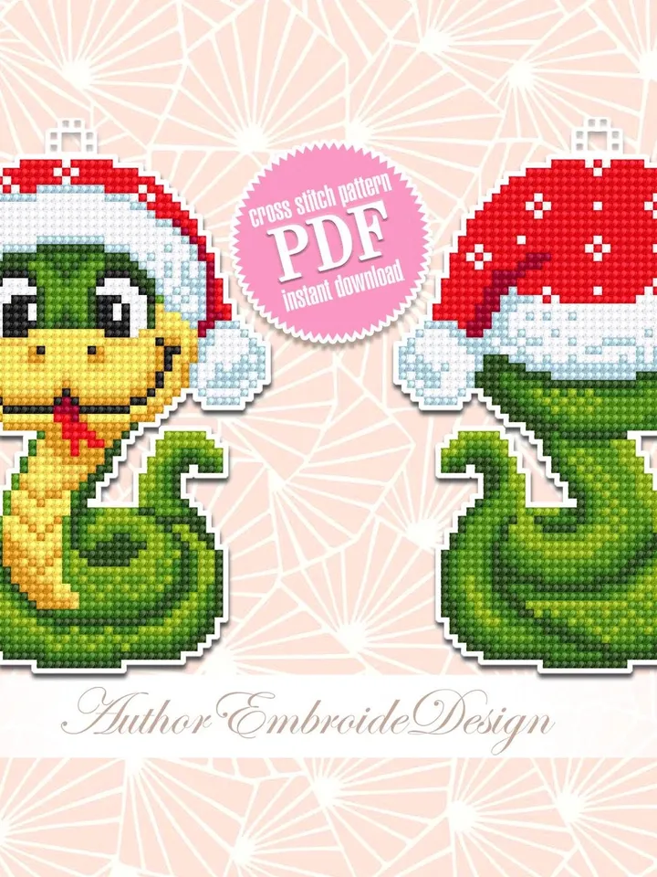 Christmas snake cross stitch pattern PDF download Double-sided Christmas tree decor for plastic canvas, Snake pattern digital PDF #N157