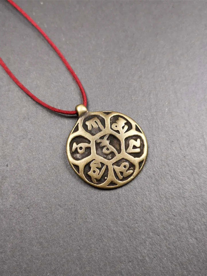 Gandhanra Handmade Tibetan Buddhist Amulet,Om Badge Pendant, Mantra of Om Mani Padme Hum, Made of Brass,1.26"