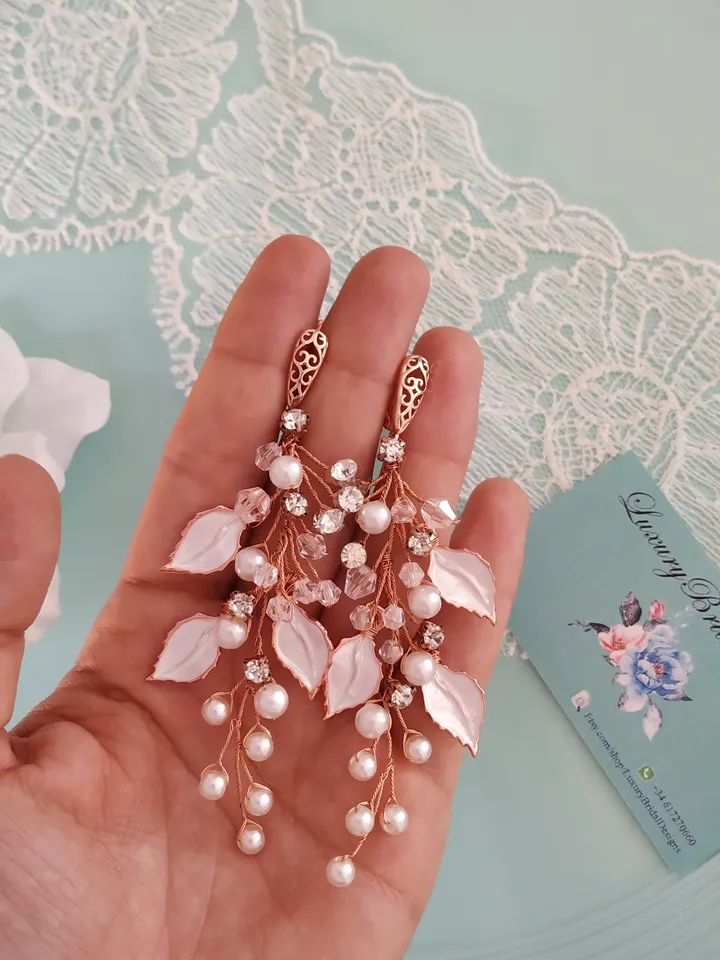 Rose Gold Pearl Boho Wedding Earrings, Leaf Bridal Earrings, Chandelier Statement Earrings, Boho Bridal Earrings, Gold Floral Bride Jewelry
