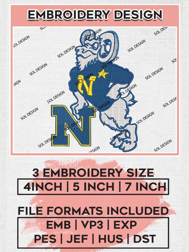 NCAA Navy Midshipmen College Team Mascot Logo Embroidery Design Files, NCAA Navy Midshipmen Machine Embroidery, NCAA Teams, 3 sizes, NCAA Machine embroidery designs, Digital Download