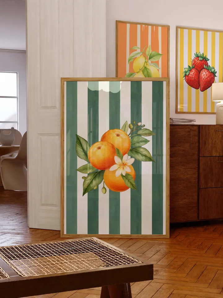 Orange Wall Decor, Orange Fruit Poster, Farmhouse Kitchen Art Painting, Kitchen Prints, Trendy Food Art, Retro Kitchen Art, Fruit Wall Decor