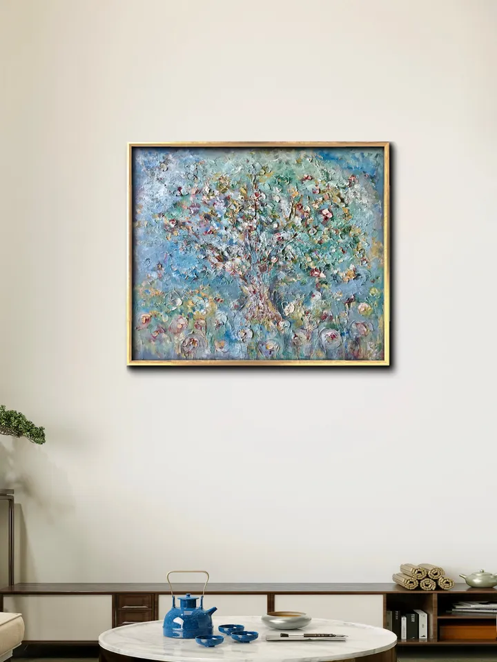 Apple tree original oil impasto style textured painting on stretched canvas,home decoration,impressionistic,large canvas wall art