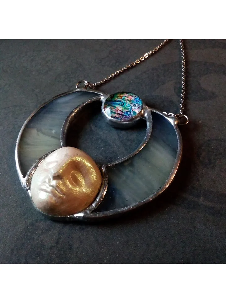 Stained glass moon, Moon Goddess, Moon phase necklace, Stainglass crescent, Full moon pendant, Moon face necklace