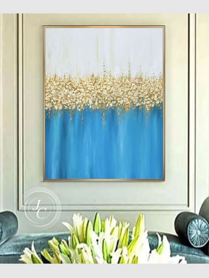 Turquoise Abstract Wall Art Gold leaf Painting on Canvas | Gold and Blue Abstract oil painting Modern wall decor