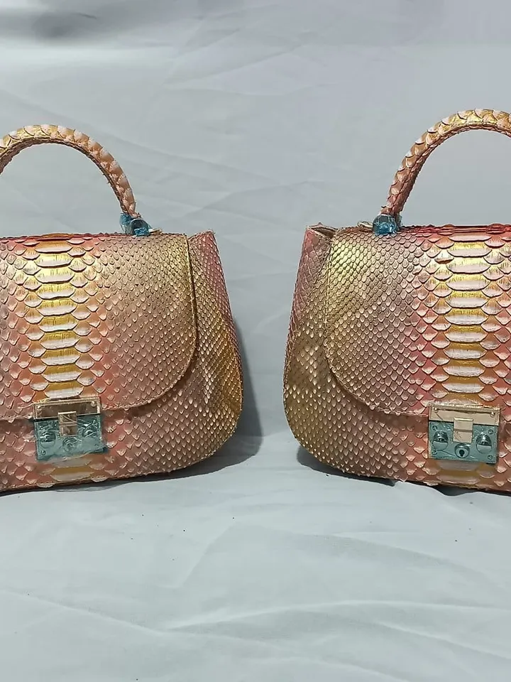 Genuine python top handle bag / designer bag / exotic leather bag /bronze leather designer women purse / classy elegant snake print bag