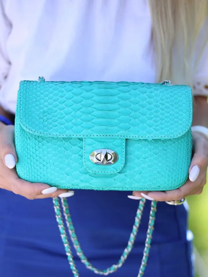 Genuine python skin MIDI bag tiffany color, leather turquise color bag, colorful classy chain bag, elegant crossbody bag leather handmade