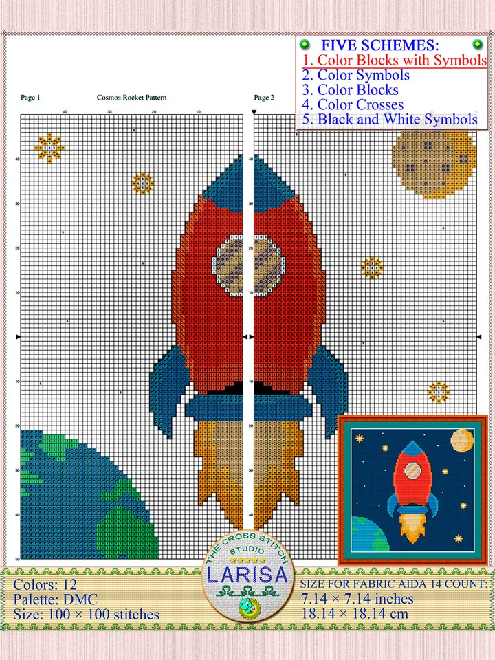Cosmos Rocket Cross Stitch Pattern | Cartoon Rocket Embarking on a Galactic Voyage