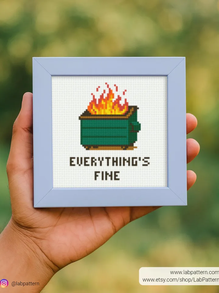 Dumpster Fire Cross Stitch Pattern - Everything is Fine, Funny Humor, beginner counted, modern chart, gift DIY, embroidery, instant PDF