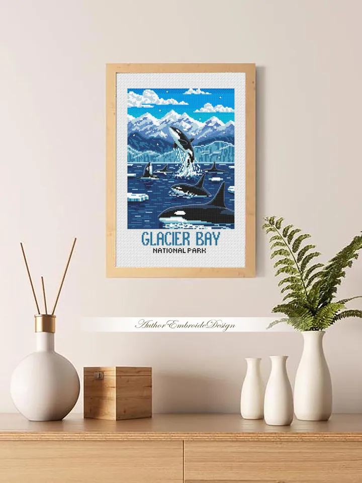Glacier Bay National Park cross stitch pattern PDF download Killer whale cross stitch chart, Splashing Orcas in Alaska, Travel poster #L102