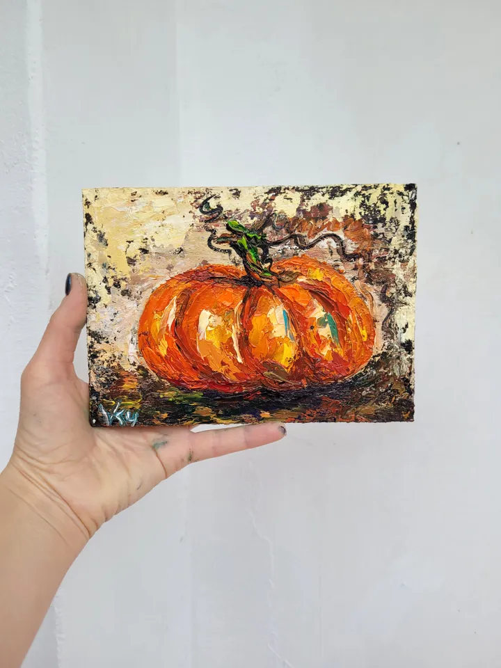 Pumpkin Painting Kitchen Wall Art Impasto Oil Painting 5x7 Fall Original Art Vegetable Wall Art Food Artwork Farmhouse Art Halloween by ArtFromVictoria