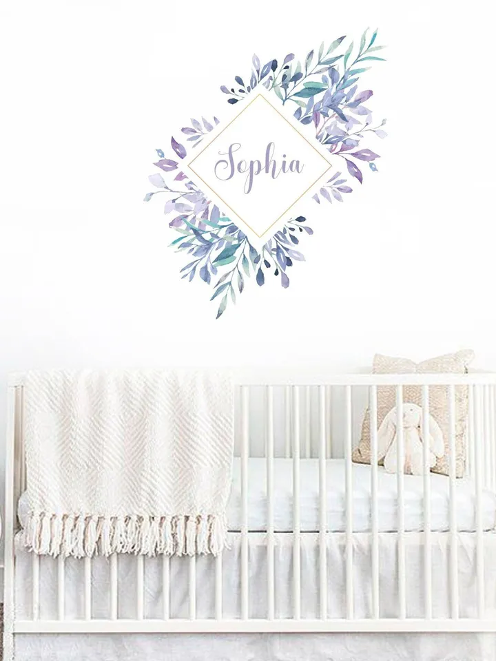 Custom Name Wall Decals/ Frame with Flowers Decals/ Watercolor Flower Decals/ Wreath Decal/ Nursery Sticker, Girl Sticker/ Baby Decal ga302