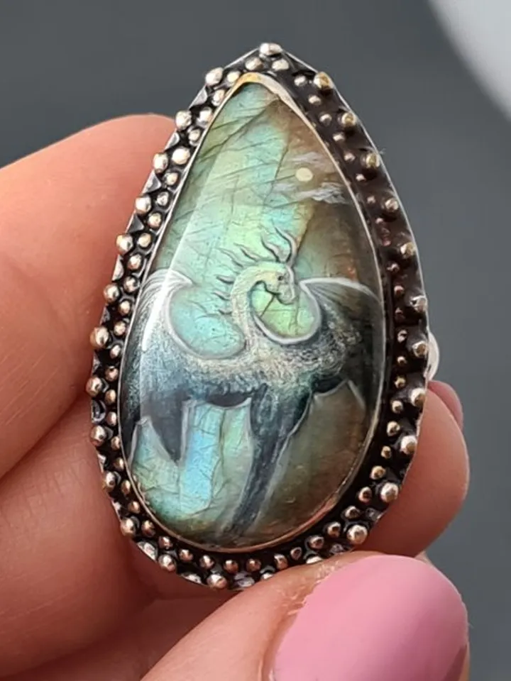 Dragon ring Labradorite ring Stone painting dragon Aaa large labradorite ring