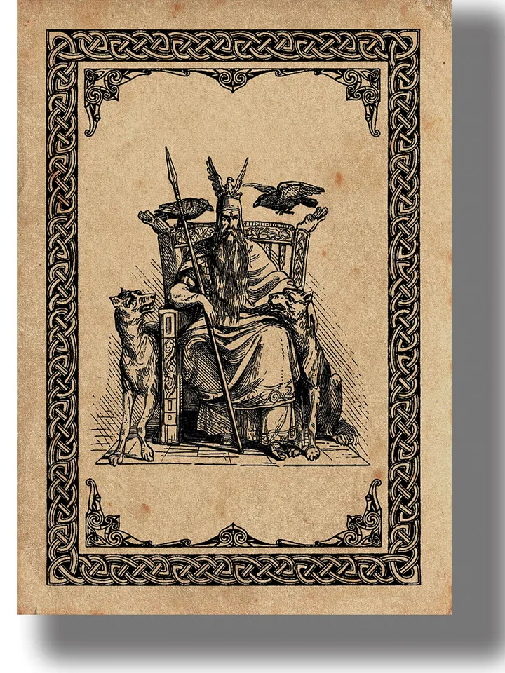 Odin with sacred crows and wolves on his throne.