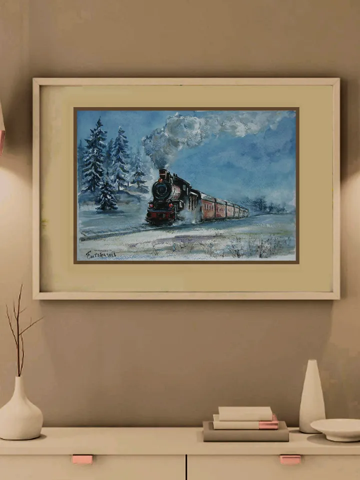 Among the snow. Original watecolor painting winter landscape with a steam locomotive 24x35 cm (9,5 х 13,8 inches)