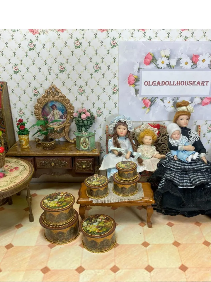 A set of handmade miniature boxes for filling the interior of a dollhouse in 1:12 scale.