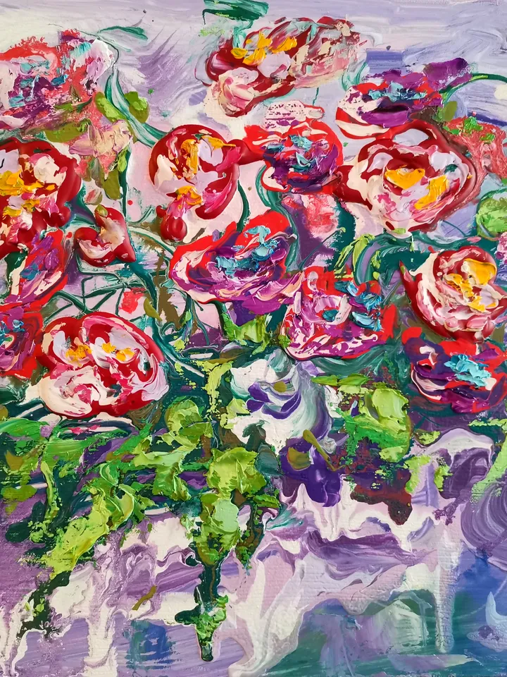 Bouquet Red Flower Abstract Roses Impasto Painting Original Art Artist Svinar Oksana