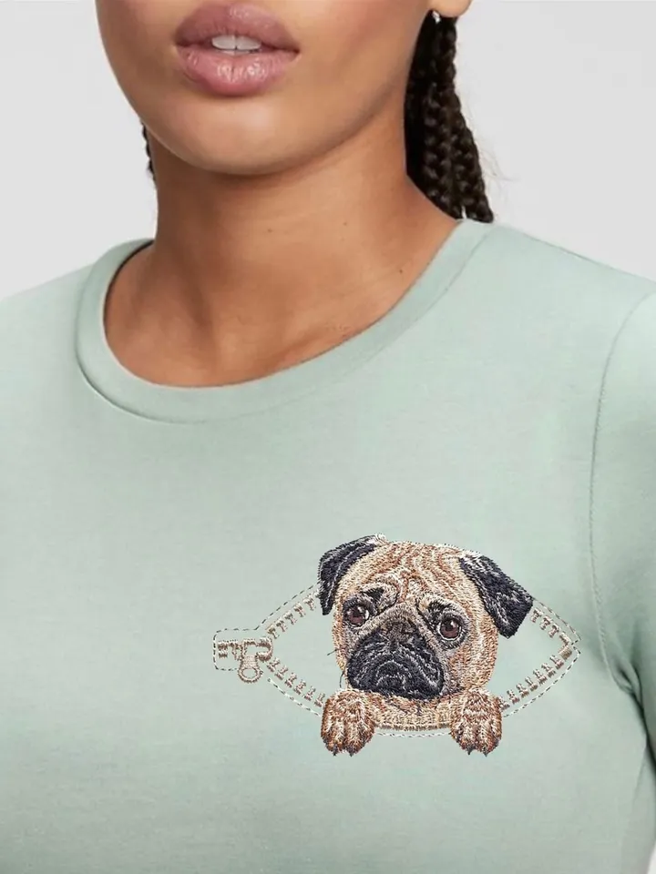 Pug in a zipper pocket Miniature realistic machine embroidery design Pet dog realistic pattern puppy embroidery motif
