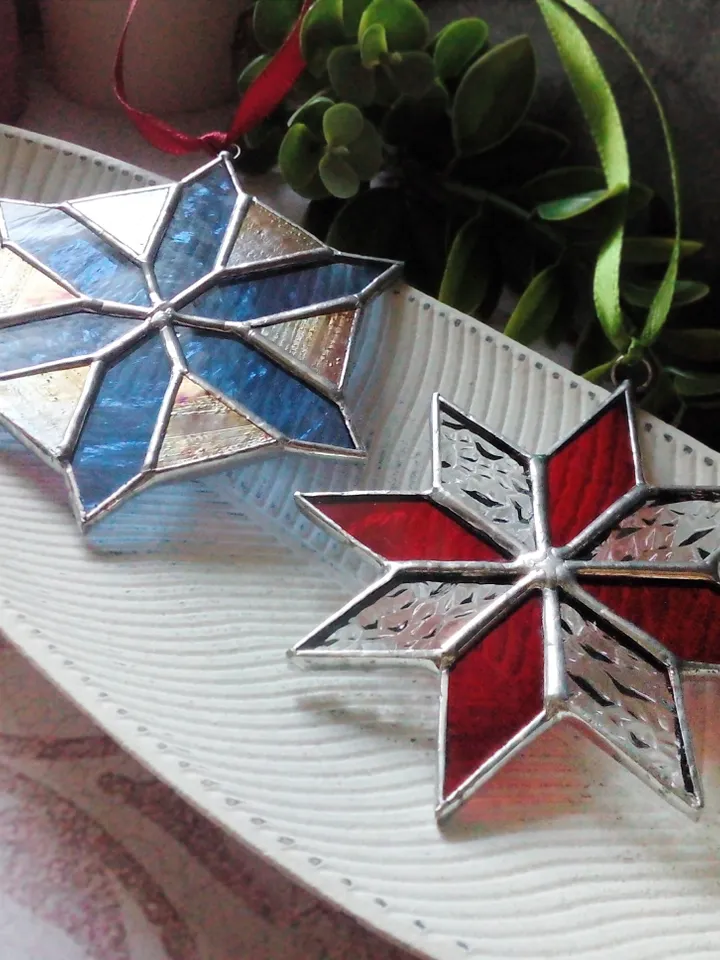 Set of 2 snowflake suncatchers, christmas ornaments, simple stained glass, Christmas decorations, Xmas tree star