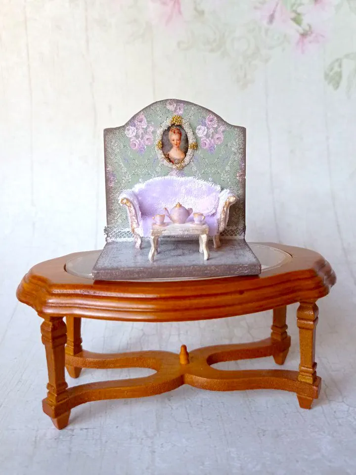 Miniature Tea Room Roombox, A 1/48 scale miniature Dollhouse with furniture, accessories and tea set