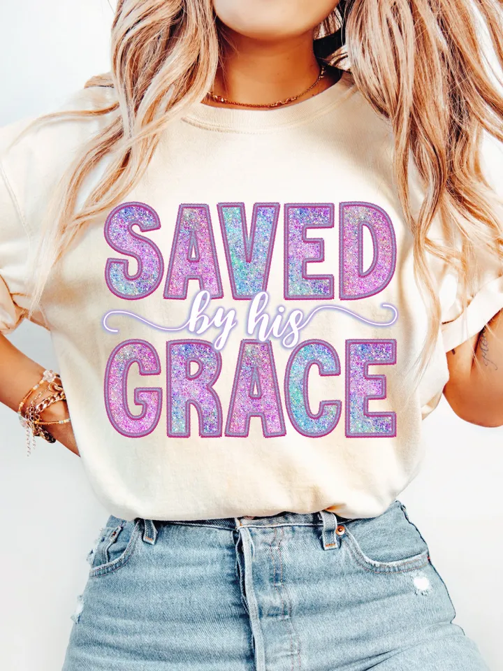 Saved By His Grace Faux Sequins Embroidered PNG, Easter Christian Png, Easter Bible Verse, Risen doodle png, retro easter png, Boho Design