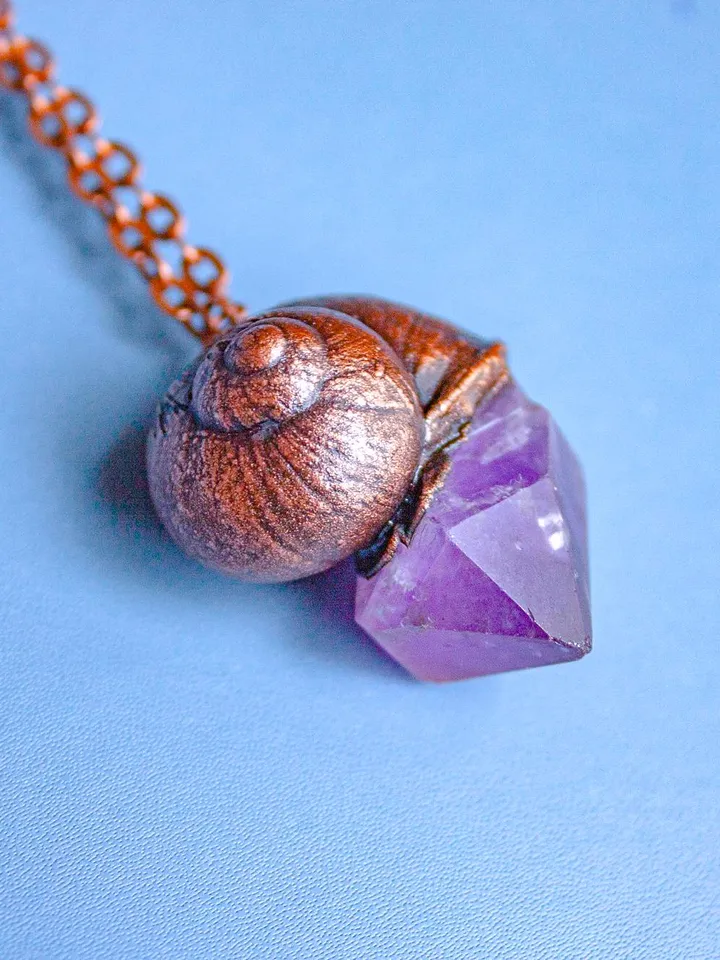 Handmade copper pendant made from real shell using electroforming process, embellished with natural amethyst, great gift for her and him