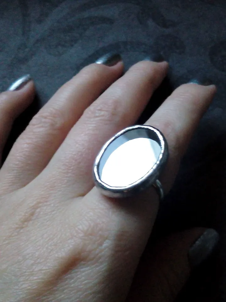 Mirror oval ring, Halloween ring, witchy aesthetic, tin soldered glass ring, stained glass ring, protection ring
