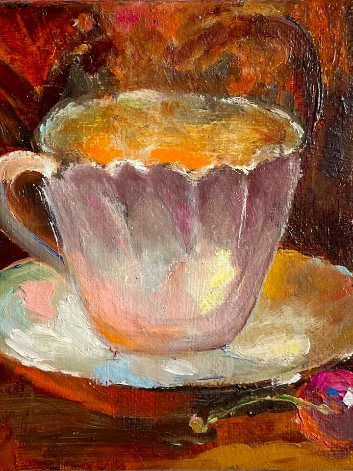 Coffee Still Life Painting Kitchen Wall Decor, Coffee cup and cherry art oil on canvas 6"x6"